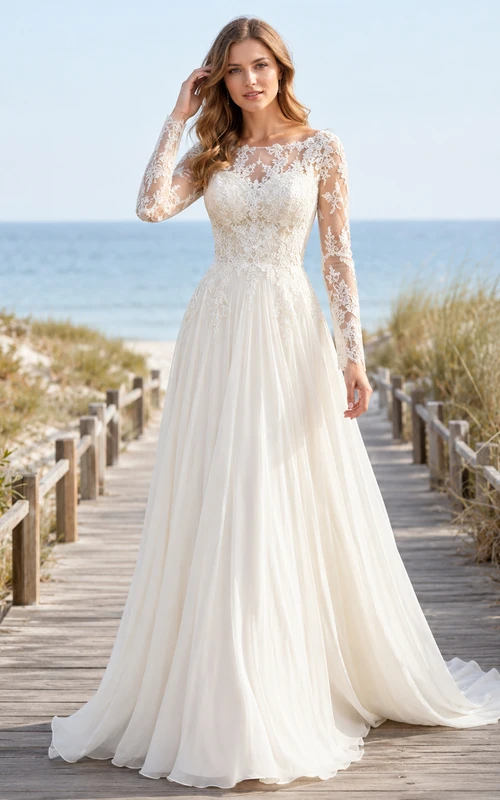 Robe de mariée romantique de plage, longue, décolletée, en mousseline, coupe trapèze, manches illusion, dentelle, traîne chapelle, manches longues, dentelle illusion, coupe trapèze.