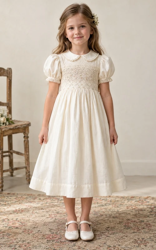 Vestido de niña de flores vintage color marfil, corte en A, mangas abullonadas, corpiño fruncido, dobladillo con banda y cuello Peter Pan, hasta la rodilla.