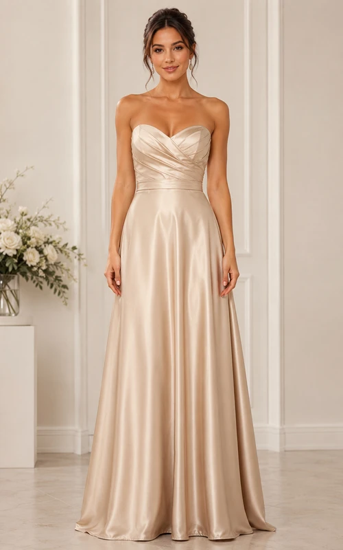 Champagne Strapless Sweetheart Satin A-Line Bridesmaid Dress