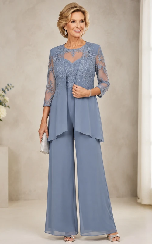 Chaqueta de encaje azul acero, traje de pantalón Mother, mono azul acero con escote redondo y detalles de joyas, largo hasta los tobillos.