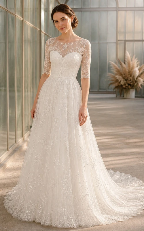 Vestido de novia modesto de corte A con mangas tres cuartos, escote barco, encaje floral con plumas y cola de capilla