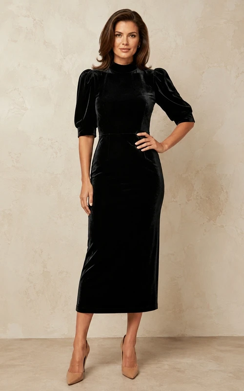Black Velvet Square Neck 3/4 Length Sleeve Sheath Dress