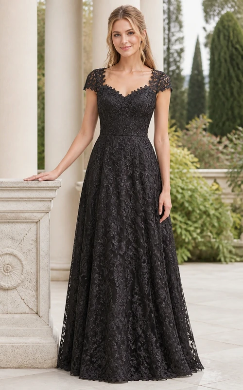 Robe de maman vintage noire grande taille à manches courtes et dentelle festonnée, coupe trapèze