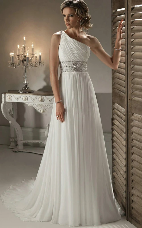Robe de mariée élégante à une épaule avec ceinture ornée de strass