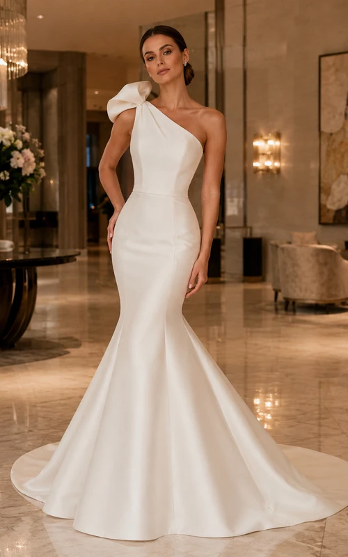 Minimalist Satin Wedding Dress Mermaid One Shoulder Sleeveless Sweep Train Bridal Gown