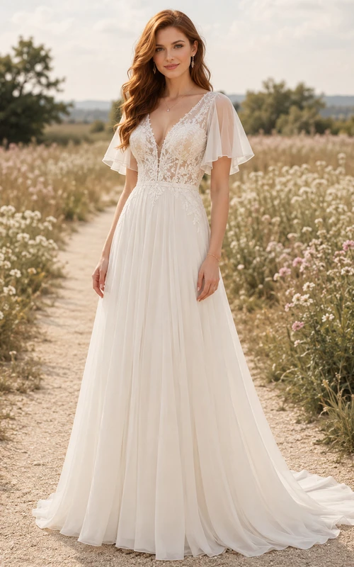 Tüll-Hochzeitskleid, A-Linie, V-Ausschnitt, ärmellos, Kapellenschleppe