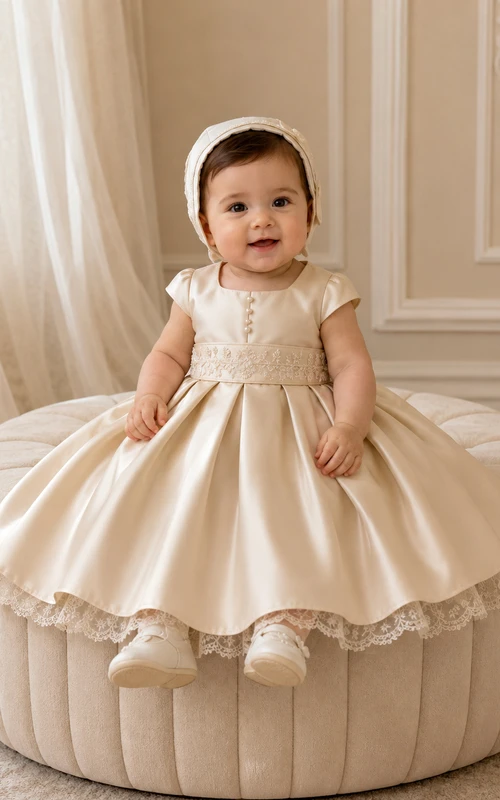 Baptism Dress Luxury Satin A-Line Scoop Neck Sleeveless Lace Hem