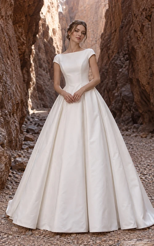 Vestido de novia sencillo de satén con escote barco, mangas cortas y corte en A con espalda descubierta.