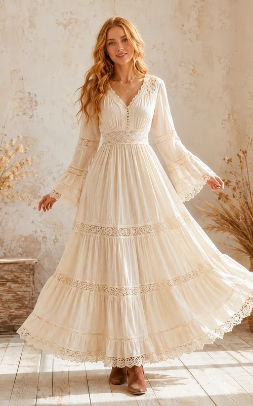 Ivory V-Neck Long-Sleeve Tiered Tulle A-Line Floor-Length Vintage Dress