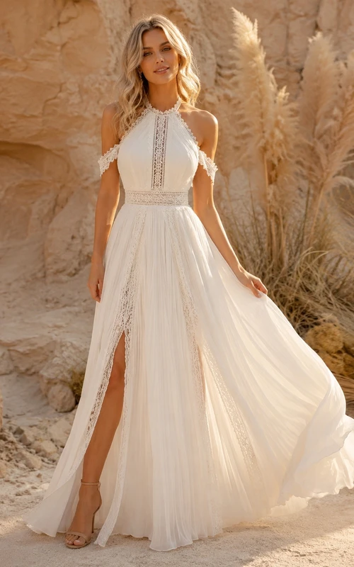 Romantic Halter Neck Sleeveless Chiffon Split A-Line Formal Dress