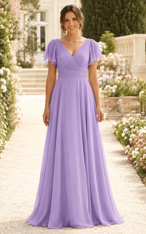 Lavender A-Line Chiffon V-Neck Bridesmaid Dress with Flutter Sleeves