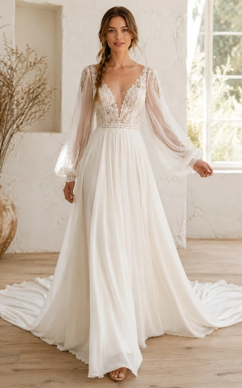 Robe de mariée bohème en dentelle et mousseline, décolleté en V profond, manches gigot, coupe trapèze, longueur chapelle