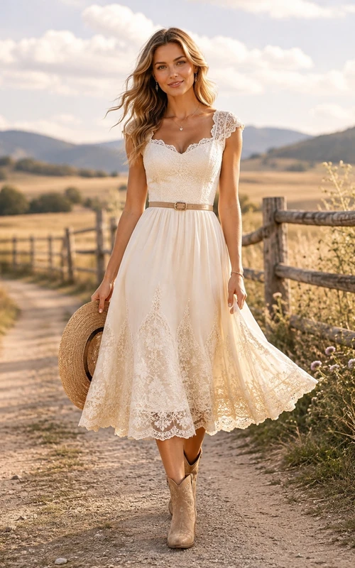 Ivory Lace V-Neck Flutter Sleeve Sash A-Line Tea-Length Bohemian Dress