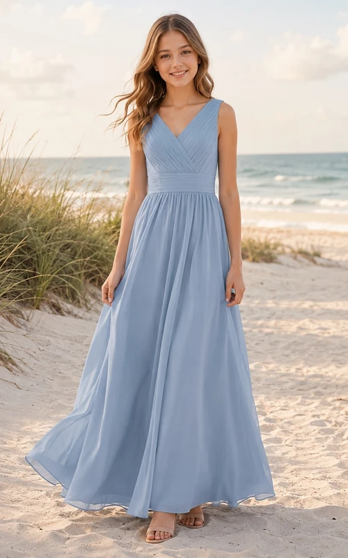 Stahlblaues Brautjungfernkleid für junge Damen, A-Linie, V-Ausschnitt, ärmellos, mit Falten, romantisch