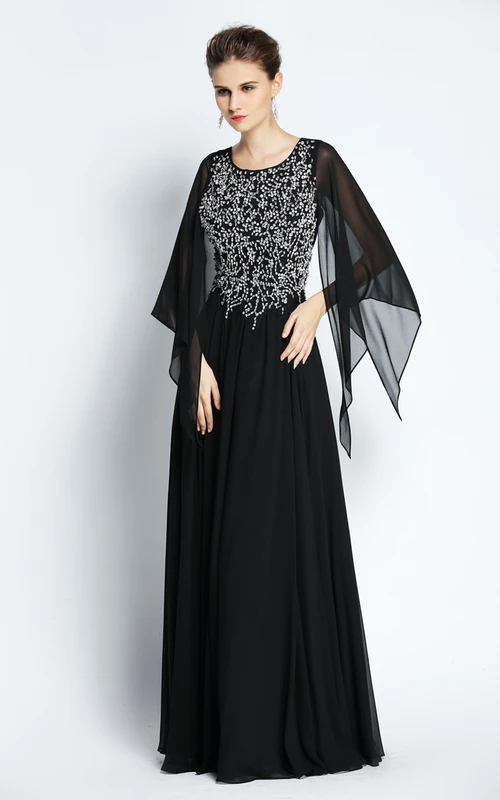 Robe de bal trapèze en mousseline de soie à manches longues, ornée de perles et de plis, longueur au sol