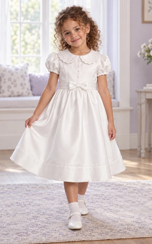 Vestido de niña de flores vintage blanco de corte A con cuello, mangas abullonadas y bajo con banda, largo hasta la rodilla.