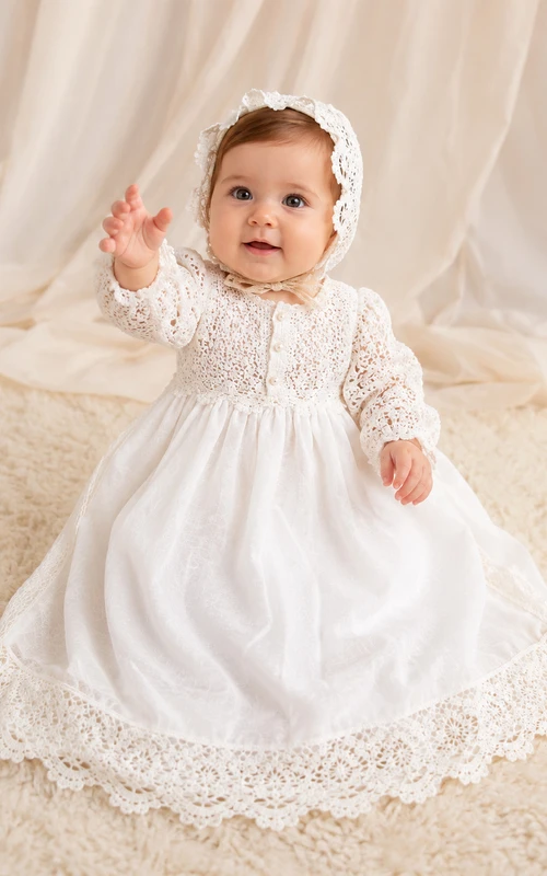 Crochet Lace Baby Baptism A-Line Long Sleeve Scalloped Hem Dress Vintage Romantic Adorable Satin