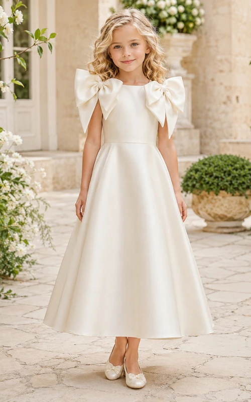 Vestido de niña de flores de satén color marfil con lazo escultural, corte en A, sin mangas, cuello joya, largo hasta la rodilla, para bodas y fiestas.