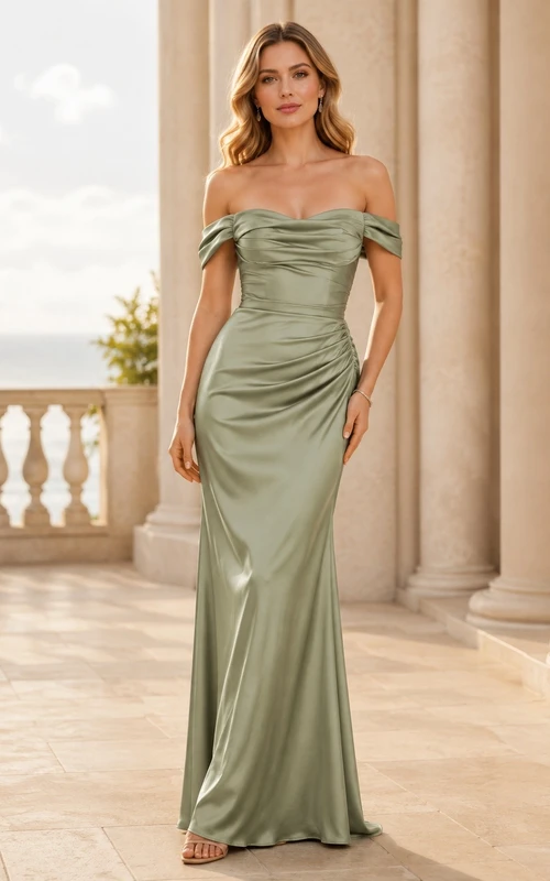 Sage Off-the-shoulder Petal Sleeve Satin Sheath Floor-length Sexy Evening Dress