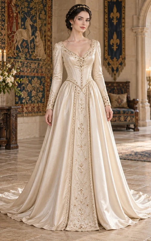 Vintage Medieval Long Sleeve V-neck Panelled Satin A-line Wedding Dress