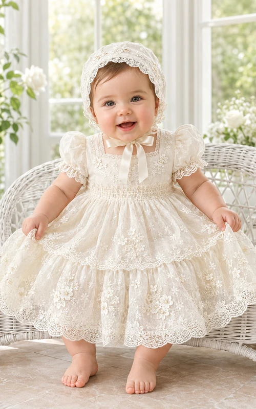 Baby Baptism Christening Ceremony Dress A-Line Knee-Length Jewel Neck Cap Sleeve Tulle Lace Ruffle Trim Tiered Skirt Button Back