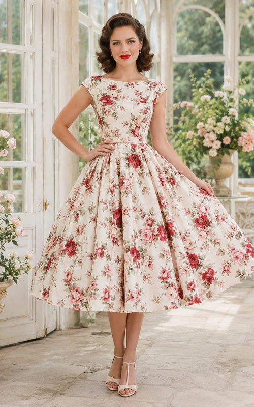Fifties Floral Cap Sleeve Swing Retro Cocktail Occasion Dress