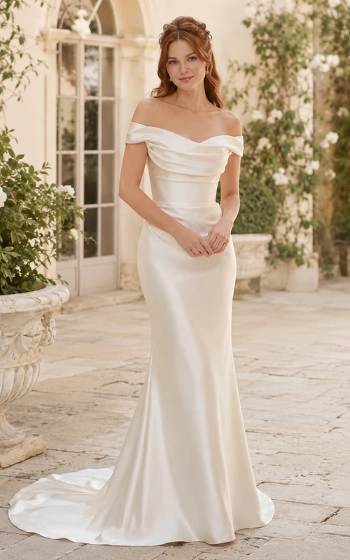 Vestido de novia de satén para la playa, estilo tubo, sin hombros, con cola larga y espalda descubierta.