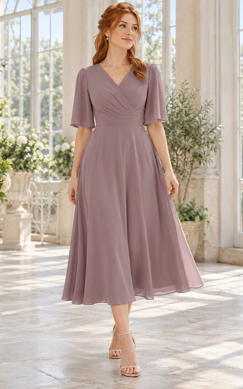 Vestido de dama de honor de gasa color malva, corte en A, largo hasta la rodilla, escote en V, mangas con volantes.