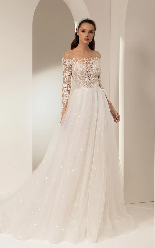 Vestido de novia de corte A con escote Bardot y hombros descubiertos, de tul, con mangas largas y apliques.