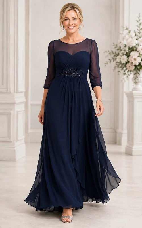 Marineblaues A-Linien-Kleid aus Illusion-Chiffon mit Perlenbesatz an der Taille