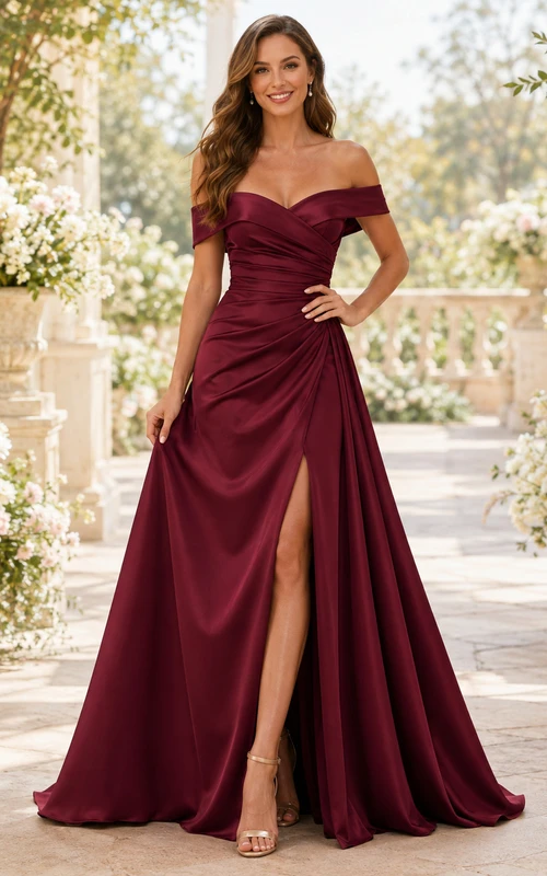 Burgunderfarbenes, schulterfreies Brautjungfernkleid aus Satin mit herzförmigem Ausschnitt, Raffungen vorne und elegantem Schlitz
