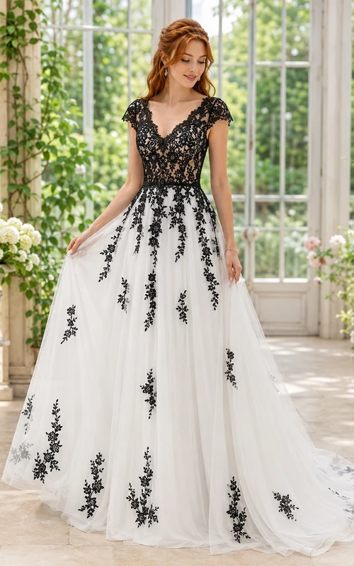 Black Floral Lace Short Sleeve V-neck A-Line Chapel Train Bridal Gown