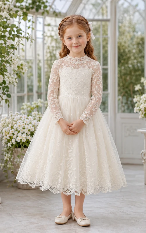 Schlichtes, hochgeschlossenes, langärmeliges Blumenmädchen-Gartenkleid aus Spitze und Tüll in Teelänge mit floralem Muster