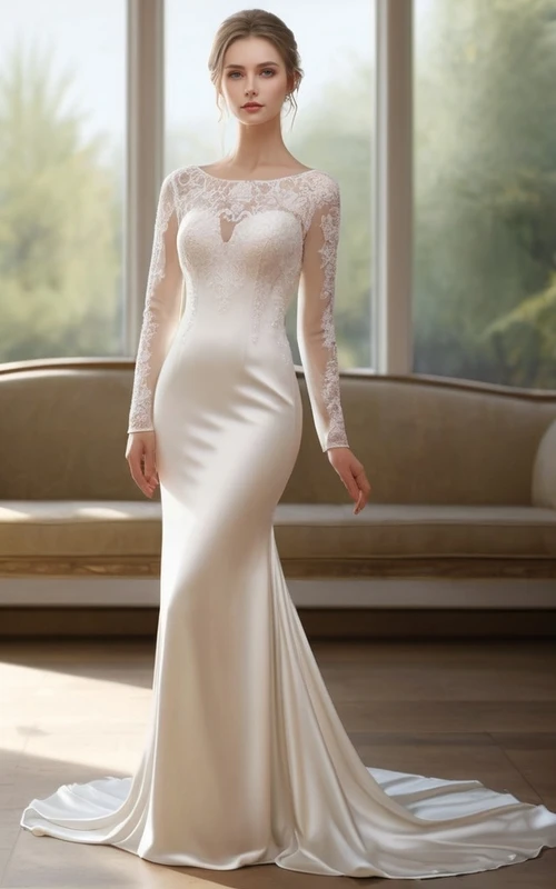Elegante vestido de novia de satén con escote redondo, encaje y mangas largas, efecto ilusión.