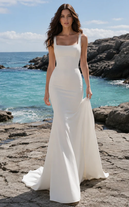 Robe de mariée sirène en crêpe à col carré, motif rochers de l'océan, pour une fugue amoureuse