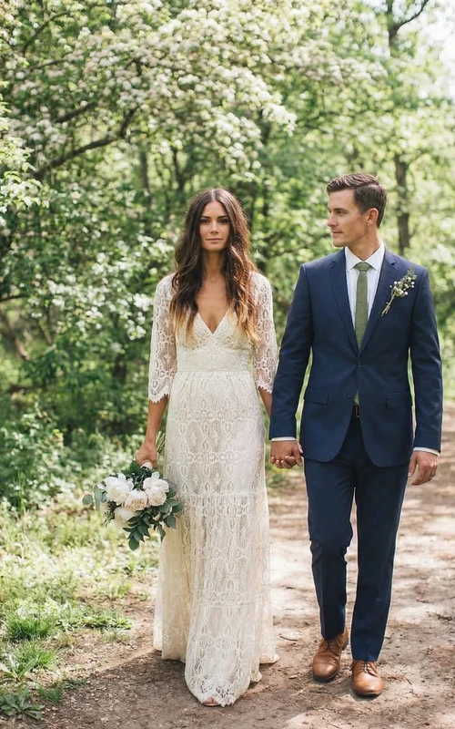Robe de mariée rustique entièrement en dentelle, manches 3/4, col en V, coupe fourreau