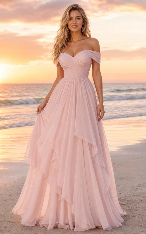 Rosafarbenes, schulterfreies, mehrlagiges Chiffon-Brautkleid im Strand-Sonnenuntergangs-Stil