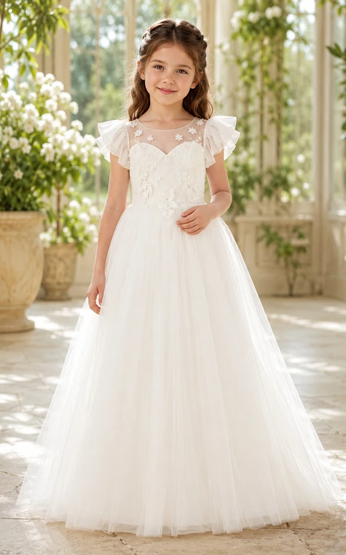 Flower Girl Dress White Tulle A-Line Flutter Sleeve Scoop Neck Floor Length Applique