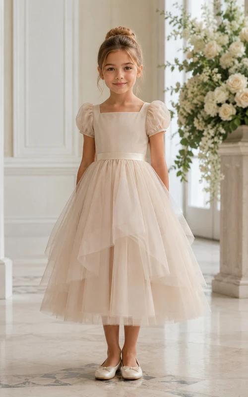 A-line Tea-length Puff Sleeve Tulle Flower Girl Dress with Soft champagne puff sleeves and layered tulle
