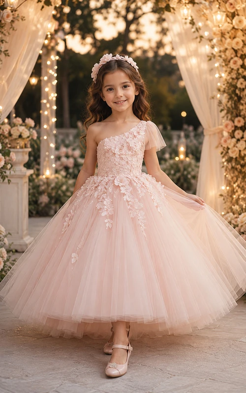 One Shoulder Floral Tulle A-Line Flower Girl Dress with Short Sleeves, Tea-Length Skirt and Floral Applique