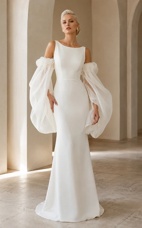 Robe de mariée fourreau en satin à épaules dénudées et manches ballon, style bateau