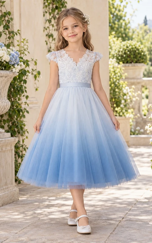 Sky Blue V-neck Cap Sleeve Floral Lace Tea-length A-Line Ombre Tulle Satin Waist Flowergirl Dress