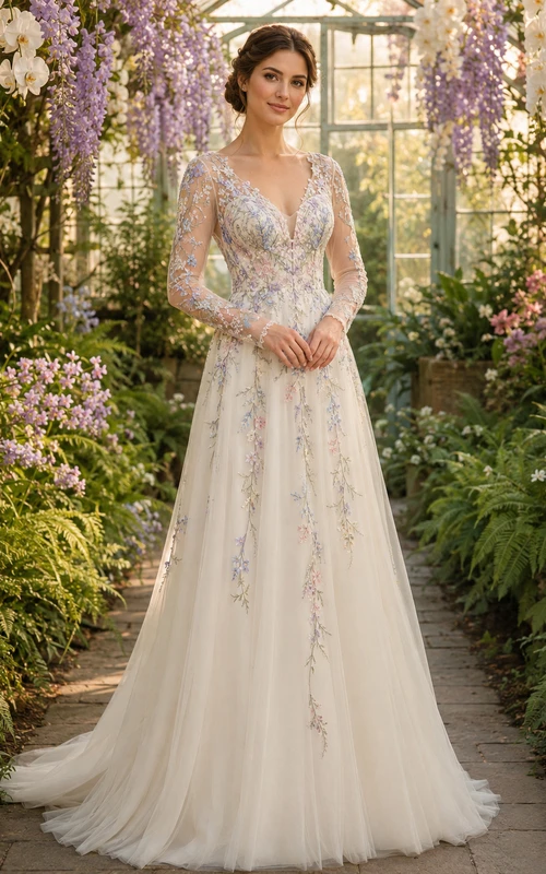 Vestido de novia de tul estilo invernadero con mangas largas y bordados en tonos pastel
