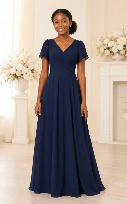 Dunkelblaues Brautjungfernkleid für junge Damen, A-Linie, V-Ausschnitt, kurze Blütenblattärmel, Chiffon, schlicht
