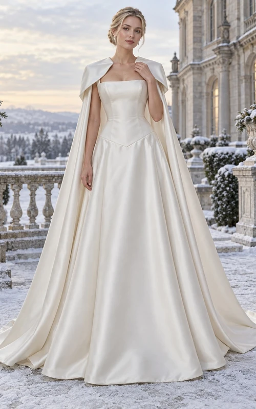 Vestido de novia sencillo de satén con cuello cuadrado, cintura baja y corte en A, ideal para invierno.