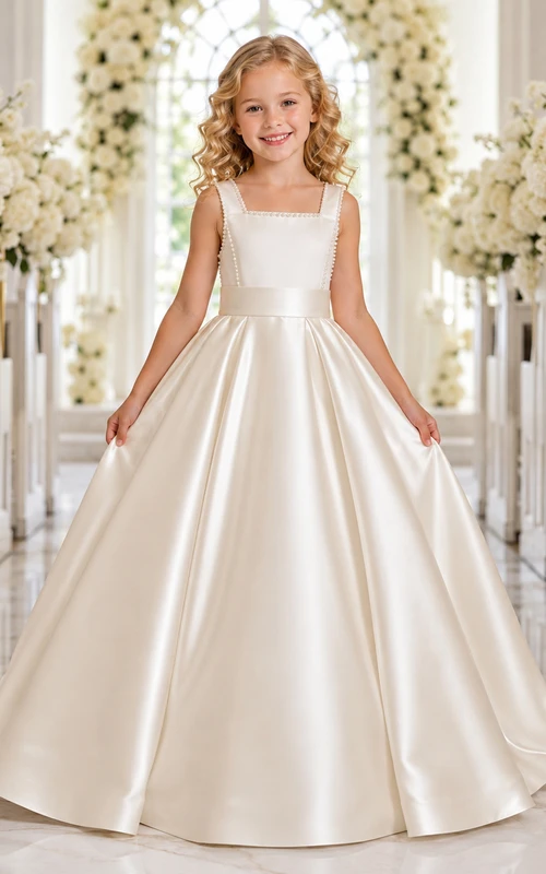 Luxury Princess Satin Ball Gown Flower Girl Floor-Length Square Neck Formal Dress