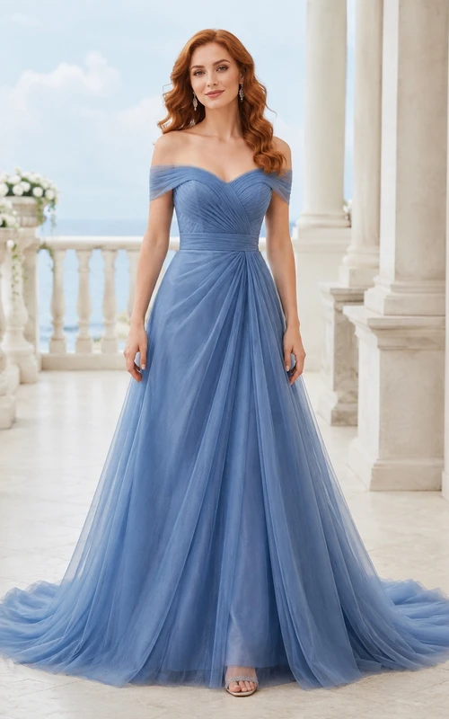 Sky Blue Off-the-Shoulder Sleeveless Tulle A-Line Sweep Train Prom Dress