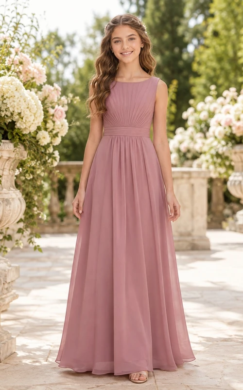 Vestido de dama de honor juvenil color rosa empolvado, corte A, escote barco, sin mangas
