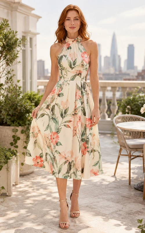Robe midi trapèze à col halter et imprimé botanique léger