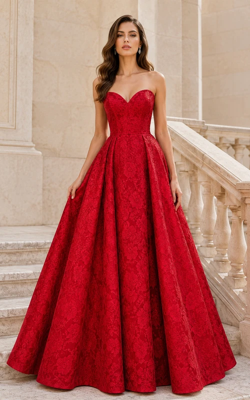 Vestido de gala rojo de satén sin tirantes con escote corazón y falda larga hasta el suelo.